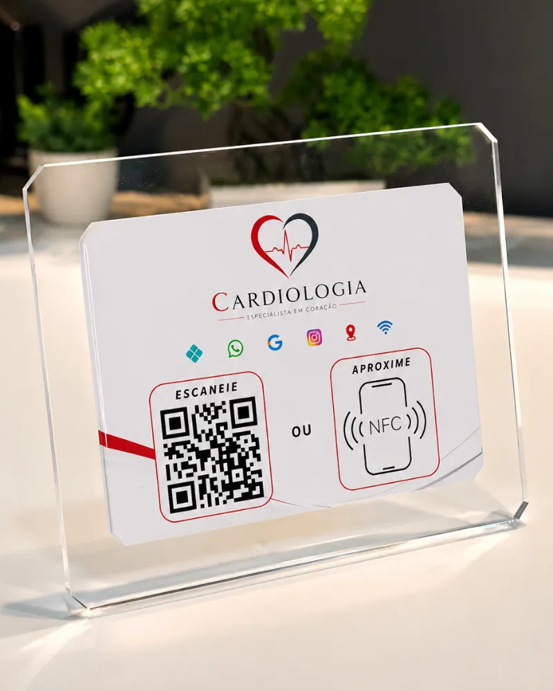 Display de acrílico com QR Code e NFC