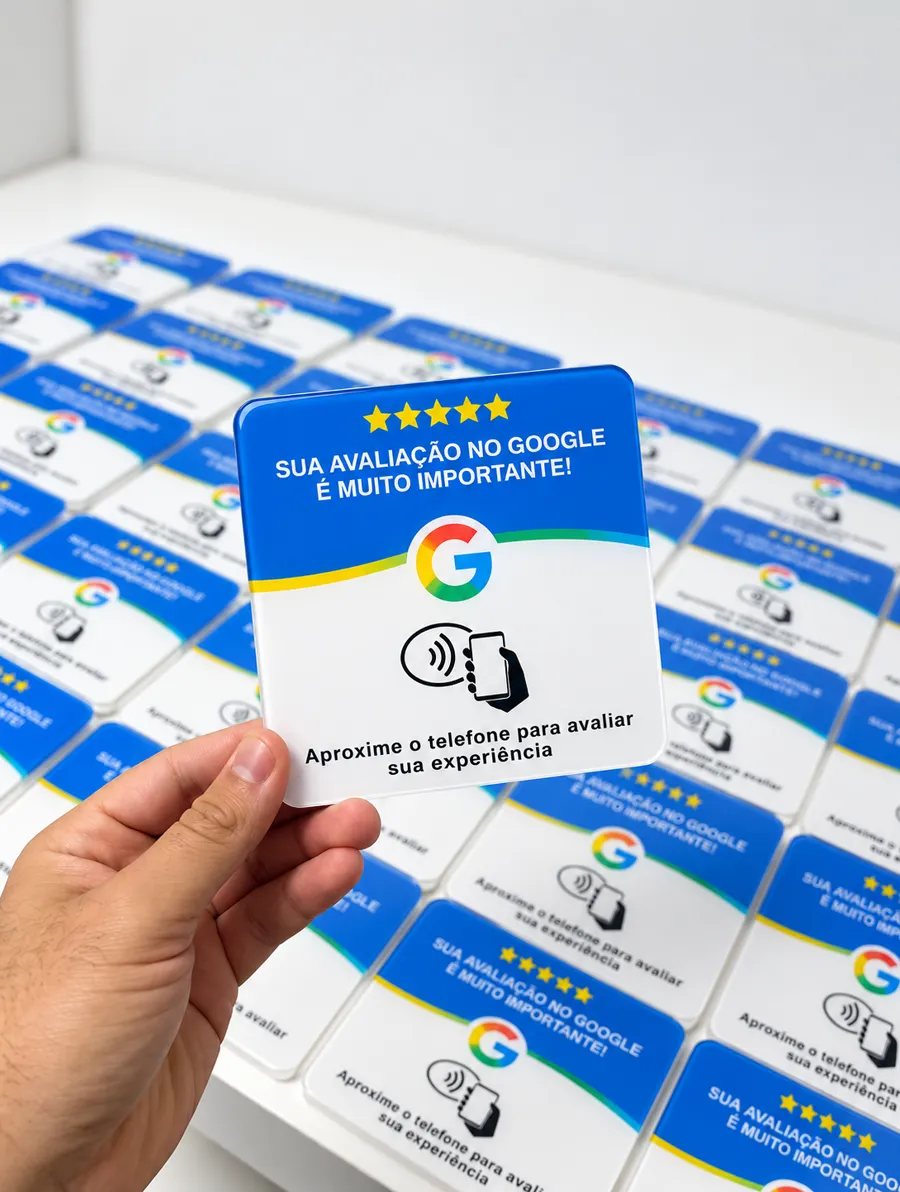 Várias plaquinhas azuis de avaliação no Google